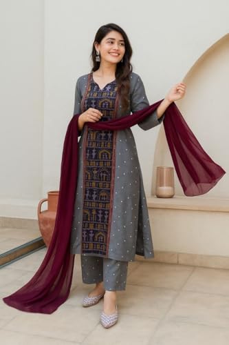 Image of GoSriKi Women's Rayon Viscose Blend Printed Straight Kurta Set with Pant & Dupatta | Elegant Ethnic Wear for Women | Festive, Office & Casual Wear