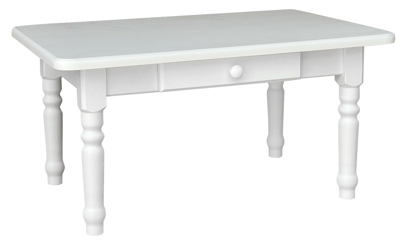 Tavolino Da Caffè In Pino Massiccio Rustico Bianco, Con Cassetto, 50x90 Cm, Perfetto Per Soggiorno