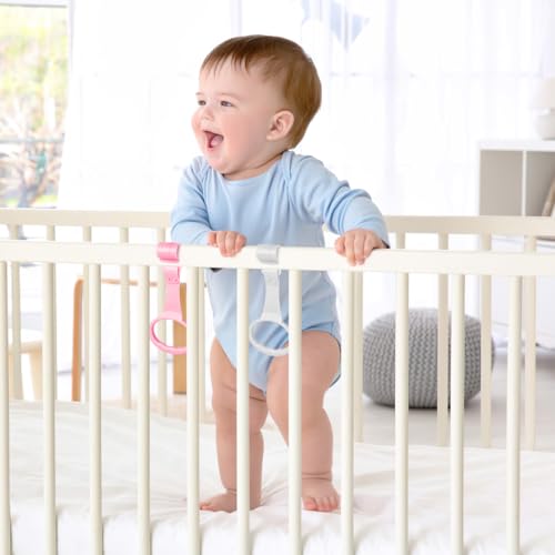 Image of Veemoon Baby Pull up Rings for Playpen, 4Pcs Newborn Crib Pull up Rings Infant Stand Practice Handles Baby Learn to Walking Tool - Ergonomic Handles - White Pink Toddler Walking Support Accessory
