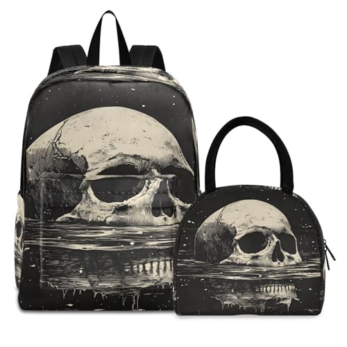 Backpack Lunch Bag Set Floating Skull Print, Big Storage Travel Backpacks with Insulated Lunch Box for Office Hiking Picnic