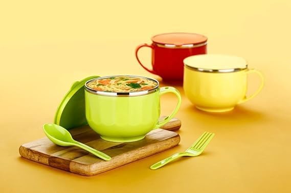 JEE Nuts and Traders Noodle Bowl with Lid and Utensils, Stainless Steel Soup Mug, 500 ml, Color May Vary Set of 2 pcs 3