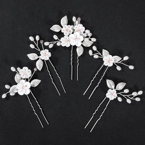 Heveer Bijoux de Cheveux en Fleurs Perles Epingles à Cheveux de Mariage Epingles à Cheveux en Forme de U Argent pour Femmes Fille 5 Pièces