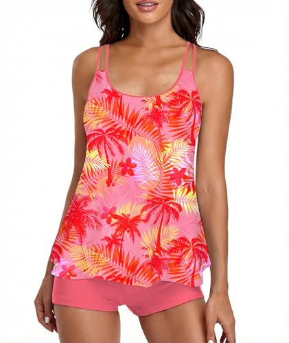 Image of Urchics 2026 Women Two Piece Tankini Swimsuit Tummy Control Plus Size Long Torso Top and High Waisted Boyshorts Bathing Suits