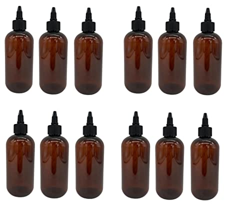 Natural Farms 8 oz Amber Boston Plastic Bottles -12 Pack Empty Bottle Refillable - BPA Free - Essential Oils - Aromatherapy | Black Twist Top Cap - Made in the USA