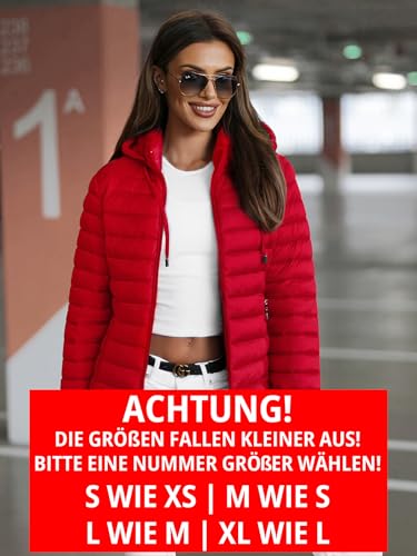 OZONEE Damen Übergangsjacke Regenjacke Jacke Übergang Jacken Herbst Bomberjacke Stehkragen Kapuze Steppjacke Kapuzenjacke Leichte Outdoor Puffer Jacket Gepolstert 777/4975K/270 ROT M
