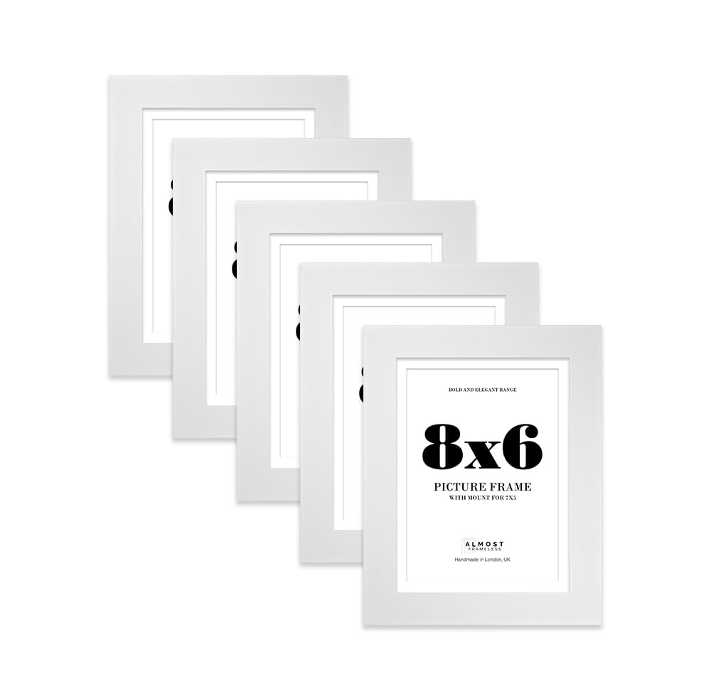 8x6" White Frame With Mount for 7x5" Pictures 28mm Edge Portrait and Landscape Display with Wall Hooks and Kickstand, 5 Pack