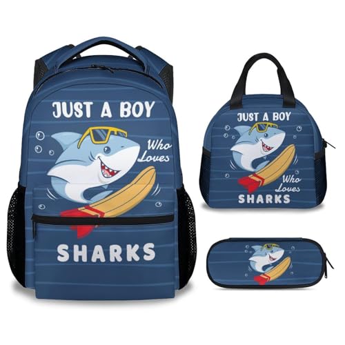 Shark Boys Backpack with Lunch Box Set, 3 in 1 School Backpacks Matching Combo, Cute Blue Bookbag and Pencil Case Bundle