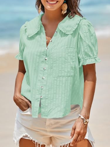 Image of Tankaneo Womens Puff Sleeve Shirts Peter Pan Collar Button Down Cotton Blouse Casual Summer Textured Tops