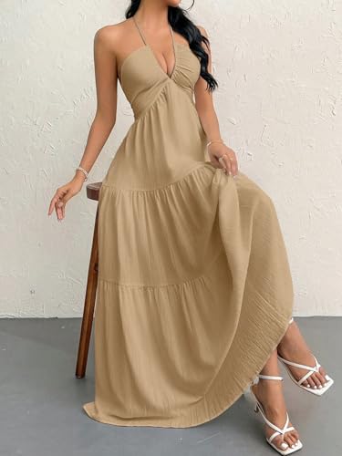Image of Narecte Women's Maxi Summer Dresses Halter V Neck Beach Dresses for Women A-Line Casual Dress for Vacation