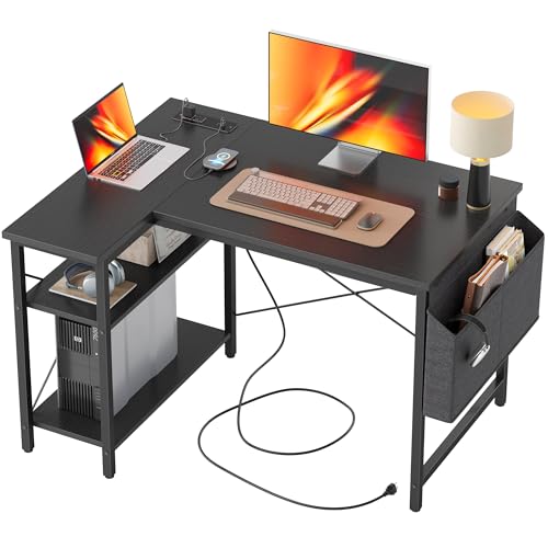 TIQLAB 40 Inch L Shaped Gaming Desk with Power Outlets, Reversible Shelves, Modern Style, Black