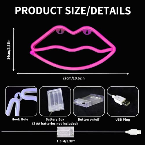 ENUOLI LED Lips Neon Light Sign Wall Light Battery/USB Operated Light Blue Art Decorative Neon Lights Signs for Walls Light up Signs for Bedroom Walls Party(Pink)