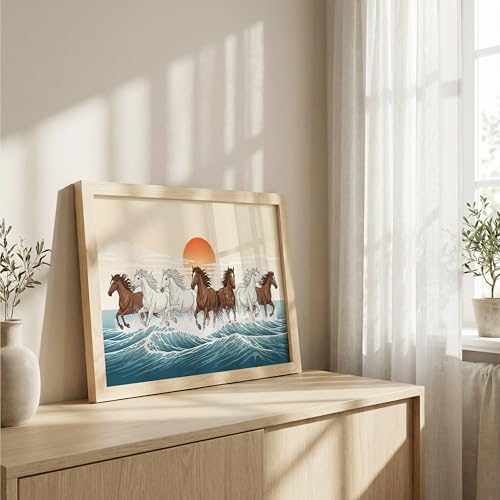 Image of Suneree 7 Horse Vastu Wall Painting - Modern Running Horses Ocean Sunset Framed Wall Art for Living Room Decor (Natural, Design 07, 10x13 Inch)