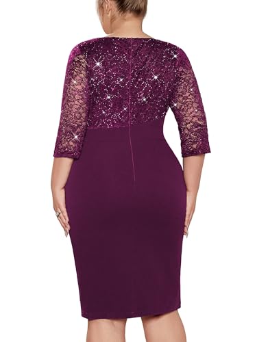 MISSMAY Women's Plus Size Sequined Lace V Neck Ruffle Split Hem Wedding Party Bodycon Cocktail Dress2