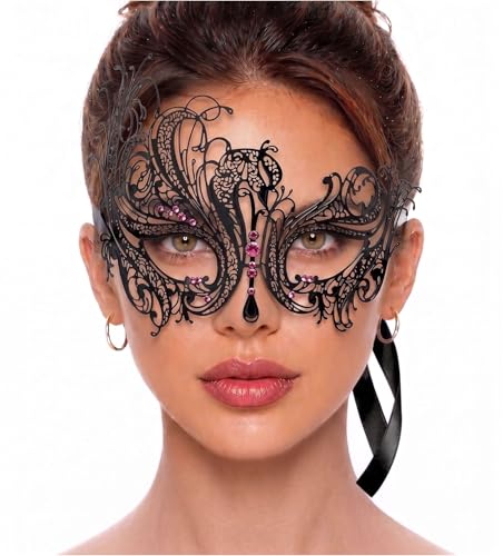 Image of Metal Filigree Masquerade Mask for Women - Swan Style Mask with Rhinestones for Mardi Gras, Prom, Halloween & Venetian Party