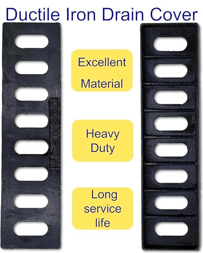 Image of Cast Iron Drain Grate, Driveway Channel Cover 17x4 in | B-Class Heavy-Duty Outdoor Trench Drainage, Black Rectangle Metal Sewer Cover for Garage, Yard, True 17.3x4.5