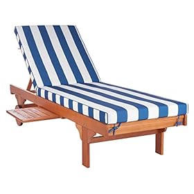 SAFAVIEH Outdoor Collection Newport Natural/ Blue & White Stripe Cushion Built-in Side Table Adjustable Chaise Lounge…