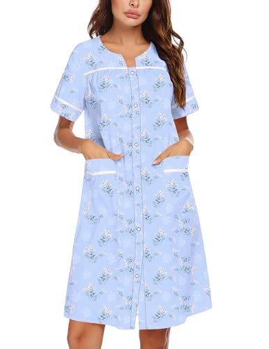 Image of Ekouaer Nightgowns for Women House Dress with Pockets Snap Front House Coat Short Sleeve Duster Moo Moos Sleepwear S-3XL