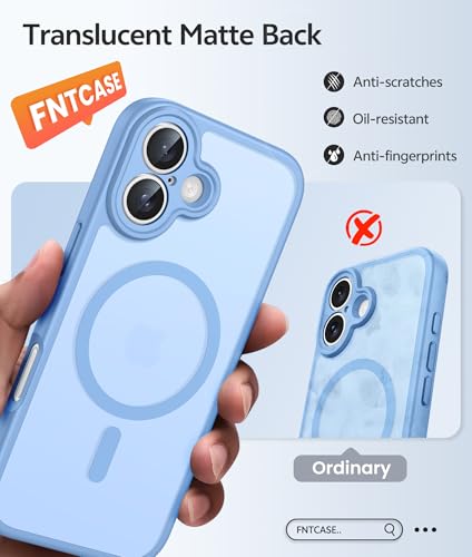 Image of FNTCASE for iPhone 16 Case [Compatible with Magsafe] Translucent Matte Cases with [Screen Protector] Military Grade Shockproof Protective Phone Cover - Light Blue