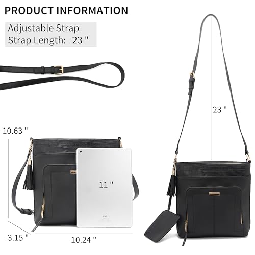 Crossbody Bag for Women Black PU Leather Square Multi-pocket Shoulder Fashion Message Bag wih Mini Zipper Wallet Purse3