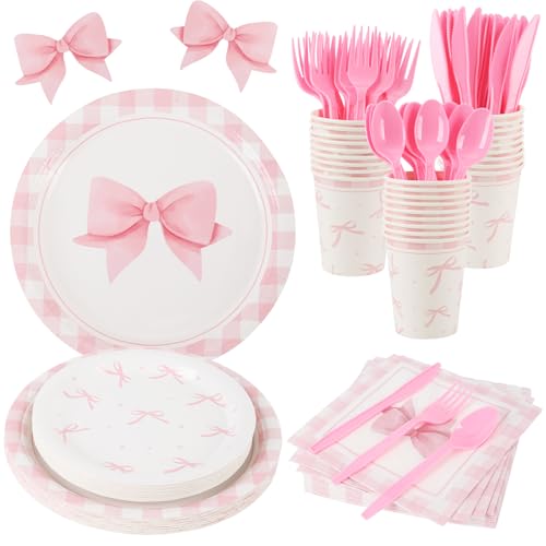 Coquette Birthday Decorations,210 Pcs Pink Bow Party Plates Napki...