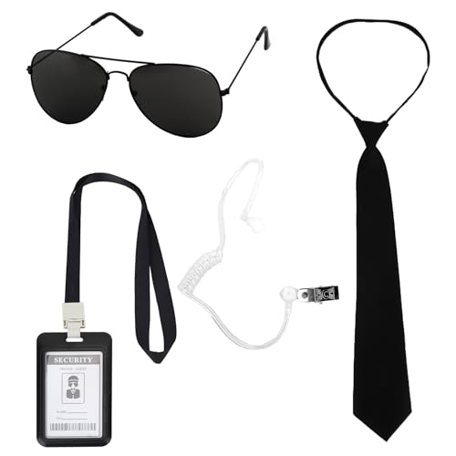 4 PCS Agent Costume Accessories Set Spy Secret Security Service Costume with Sunglasses Pre-Tied Zipper Tie Earpiece and ID Card for Men Women Halloween Cosplay Black