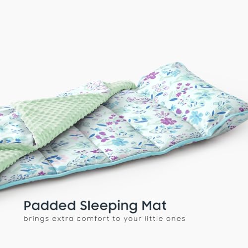 Image of Wake In Cloud - Toddler Nap Mat with Pillow and Minky Fleece Blanket, for Kids Girls Ages 3 Plus in Daycare Preschool Kindergarten, Roll Up Sleeping Bag, Floral Flowers