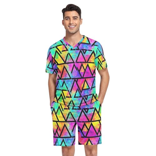 Colorful Triangle Men’s Pajama Sets Short Sleeve Lounge Wear with Elastic Waistband and Drawstring