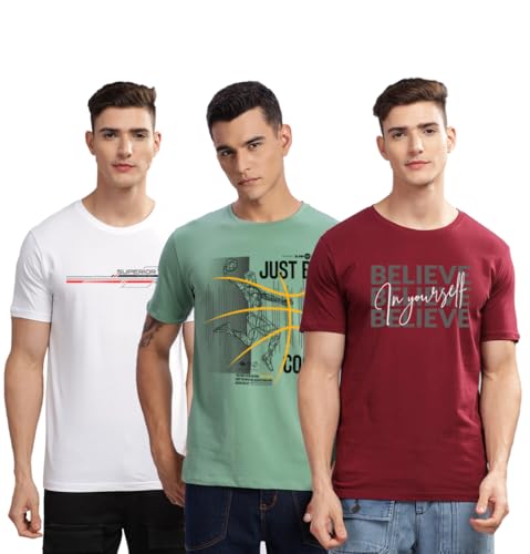 Image of ADRO 100% Cotton Lycra Tshirts for Men Combo Pack of 3 | Regular Fit | Printed T Shirt | Round Neck Half Sleeve| Mens Tshirts