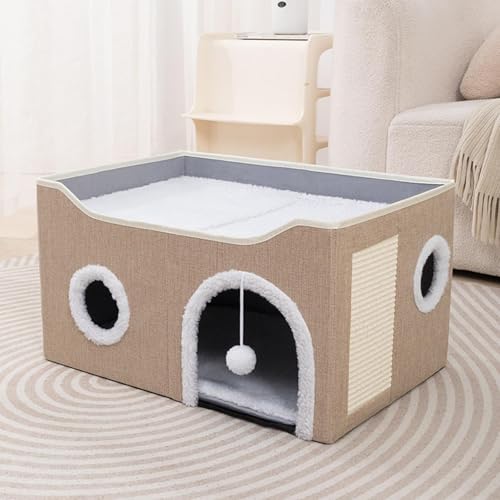 Coussin réversible pour chat avec cabane rigide en MDF couleur kaki tendance
