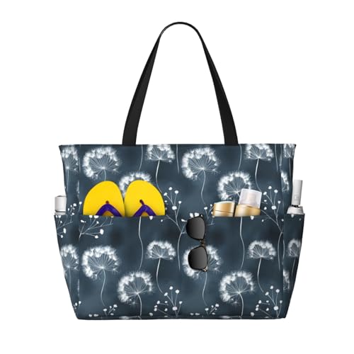 Large Beach Bags for Women Sandproof - Elegant Dandelion Print Summer Travel Work Tote Bags with Zipper