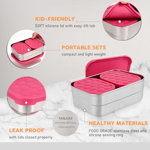 Image of Tanjiae Stainless Steel Lunch Box for Kids | Leak Proof 304 Stainless Steel Snack Containers with Silicone Lids - Perfect Metal Food Containers Set for Kids and Toddlers (25oz+8oz*2)