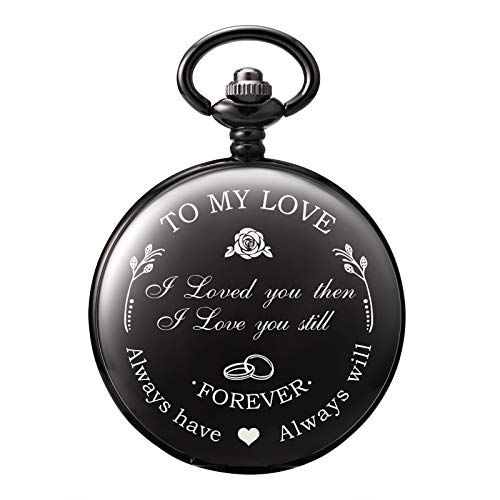Image of TREEWETO Mens Womens Quartz Personalized Pocket Watch Engraved Engraving Customized with Chain Gift Box Wedding Gift for Groomsman Bestman Husband Dad Love