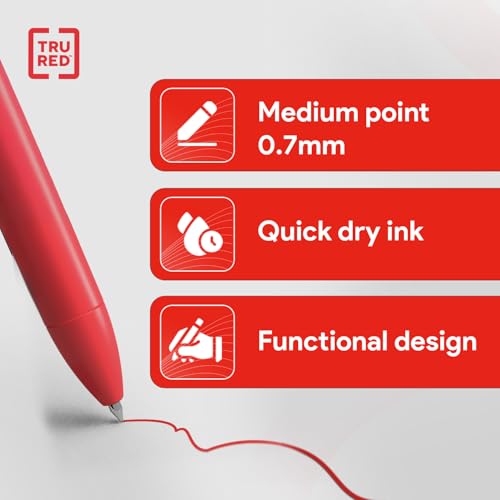Image of TRU RED Retractable Gel Pens, Medium Point 0.7mm, Red Ink, 12 Pack - Quick‑Dry Pens for Grading, Editing & Mark‑Up