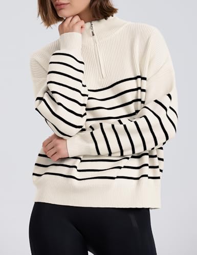 PrettyGuide Women's Long Sleeve Quarter Zip Oversized Pullover Striped Sweater Casual Mock Neck Loose Ribbed Knit Tops4