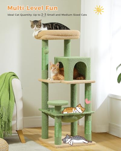 Image of MUTTROS Cactus Cat Tree for Indoor Cats, 45.7 inch Multi-Level Cat Tower with Large Metal Frame Hammock, Cat Condo with 4 Scratching Posts and Top Perch, Green