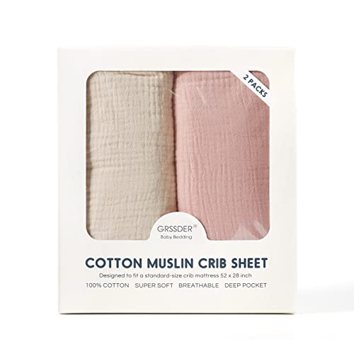 Image of GRSSDER 100% Cotton Muslin Crib Sheet 2 Pack - Breathable & Ultra-Soft Fitted Crib Sheets for Standard Baby & Toddler Mattresses, 52 inchx28 inch with 9 inch Deep Pocket, Snug Fit All-Around Elastic