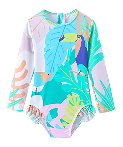 Baby Girls Long Sleeve Bathing Suits One Piece Swimsuits with Zipper Toddler Kids UPF 50+ Sun Protection Rash Guard 12 Months Parrot