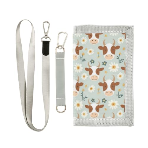Wusikd Cute Cow Head Kids Wallet for Boys Girls White Flowers Toddler Trifold Wallet Novelty Wallet for Teens Women Men