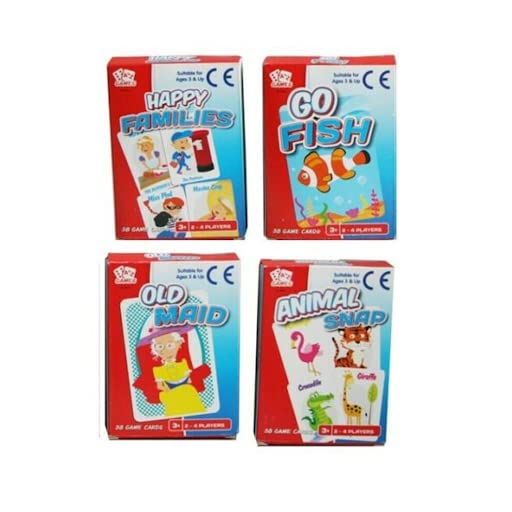 JMS we create smile Pack of 4 - Decks Classic Traditional Kids Plastic Coated Playing Card Game Happy Families Old Maid, Snap, Donkey, Animal Snap Durable