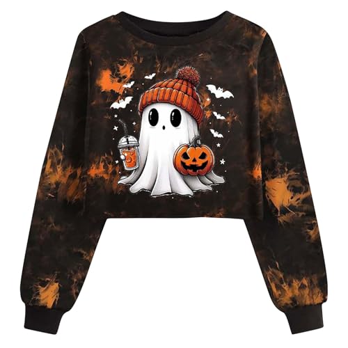 Halloween Sweatshirt for Women Retor Ghost Skull Crop Tops Vintage Graphic Tees Long Sleeve Spooky Season Shirt