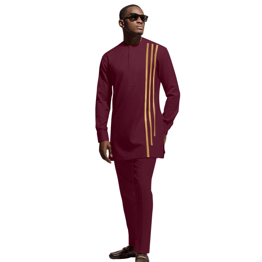 African Men‘s Party Suit Two Pieces Set Dashiki Shirt Pant Tracksuit Long Sleeve Outfit