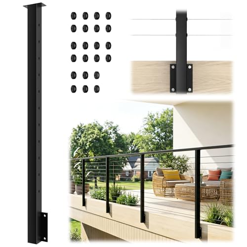 Image of Side Mount Cable Railing Post 36 inch (Post Body 44 inch), Level Drilled Space-Saving Rail Post with 11 Holes, Stainless Steel Fascia Mount Cable Railing Kit System, Black Indoor Outdoor Deck Post