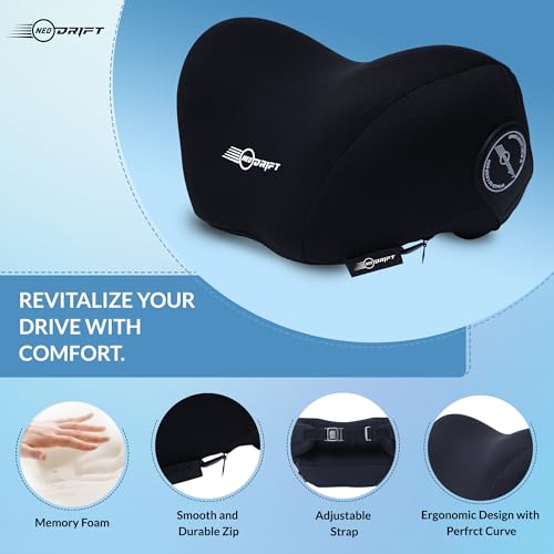 Image of Neodrift 'NeckFlow Pro' Ergonomic Car Neck Pillow Full Curved Concave Design and Adjustable Strap for Ultimate Comfort and Neck Relief - Super Comfy and Supportive Car Headrest Cushion (Color- Black)