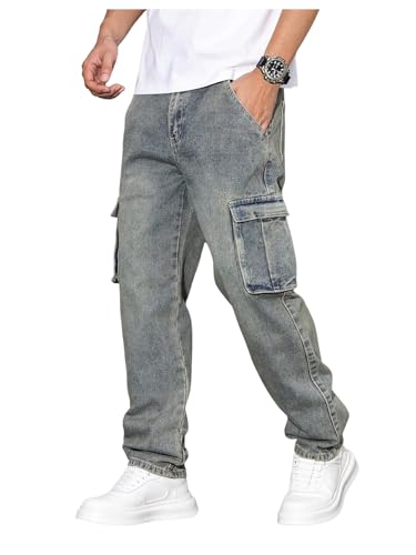 Men's Denim Cargo Pants Flap Pocket High Waist Straight Leg Y2k Cargo Jeans