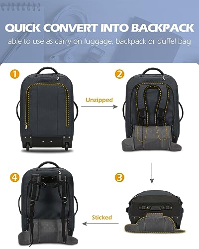 Hynes Eagle 2 in 1 Travel Backpack 22 inches Carry on Luggage 63L Rolling Backpack for Men Women with Packing Cubes 3PCS Set Grey Waist Pack Black3