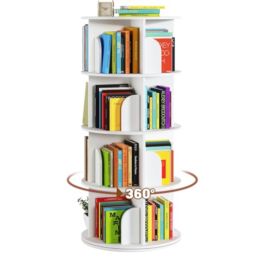 Image of DAOTENGQL 4 Tier Rotating Bookshelf, 360 Spinning Corner Bookcase Tower, Floor Standing Book Shelf Organizer for Bedroom and Living Room, Round Bookshelf for Small Space, Easy to Assemble (White)