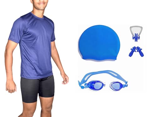 Image of ANJOR Men's Swimming T-Shirt & Short with 1 Anti Fog Swimming Goggles + 1 Silicone Swimming Cap+ 1 Nose Clip + 2 Ear Plugs(N Blue)