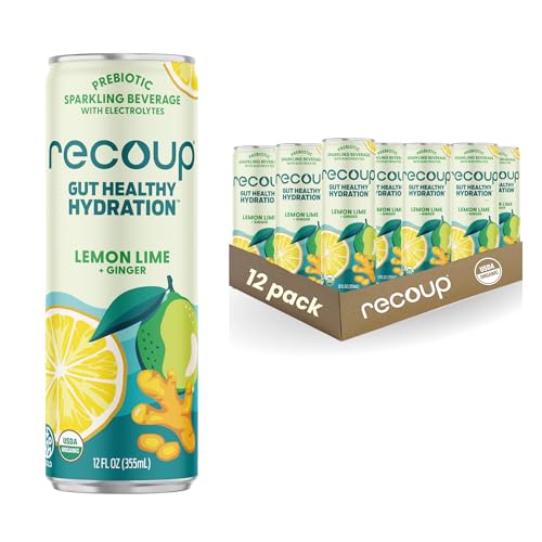 Recoup Organic Sparkling Prebiotic Drink - Ginger with Electrolytes for Gut Health Support & Hydration, No Added Sugar ((Pack of 12), Watermelon Blood Orange + Ginger)