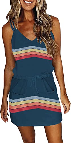 Womens Summer Trendy Striped Dresses Sleeveless Halter Strap Mini Dress with Pockets