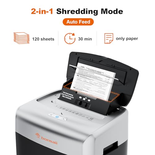 Bonsaii 120 Sheet Auto Feed Office Paper Shredder, 30 Minutes Micro Cut Heavy Duty Shredders with 4 Casters, P-4 High Security Level, 6 Gallon Large Bin image 3